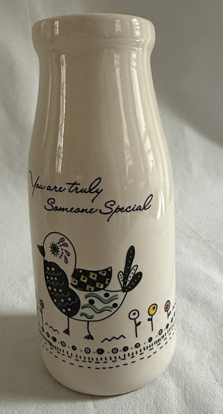 Milk Bottle Farmhouse Style Money Bank. Ceramic. Birds On Limb. Vintage